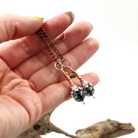 Long Copper Chain Earrings with Crackle Glass Beads - Picture 3 of 9